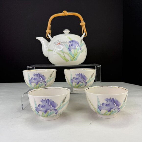 Vintage Otagiri Iris Bouquet Teapot & 4 Cups Set Ceramic Bamboo Handle - Picture 1 of 13